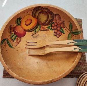 Vintage Wood Turned Serving Set, hand painted